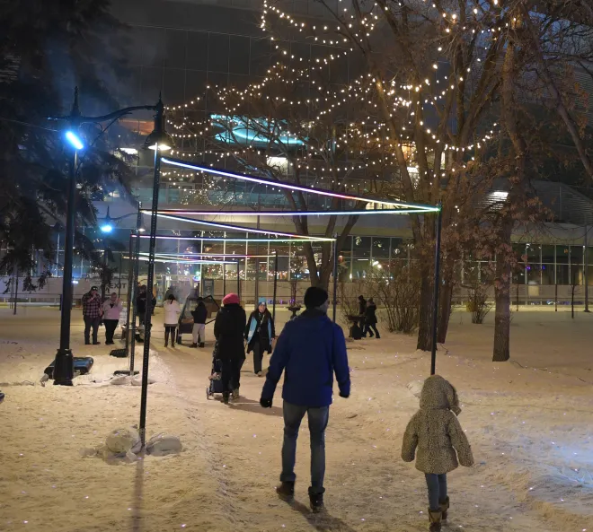 A custom designed rental light installation with colour changing lights in Regina, SK