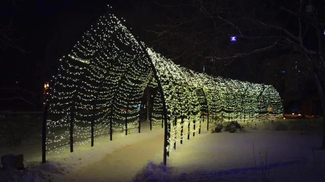 Warm white lights installed on a custom designed light tunnel at The Forks, Winnipeg, MB